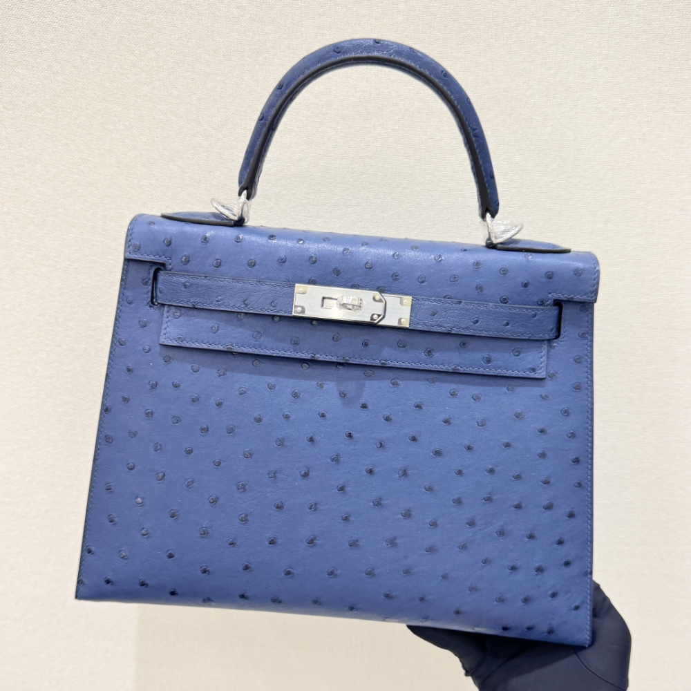 The Hermès Kelly 25 handbag in ostrich leather—featuring a fresh "Haze Blue" (also known as "Sailor Blue" or "Atlantic Blue") paired with silver hardware—stands as a quintessential example of the cool, sophisticated elegance characteristic of Hermès' exot