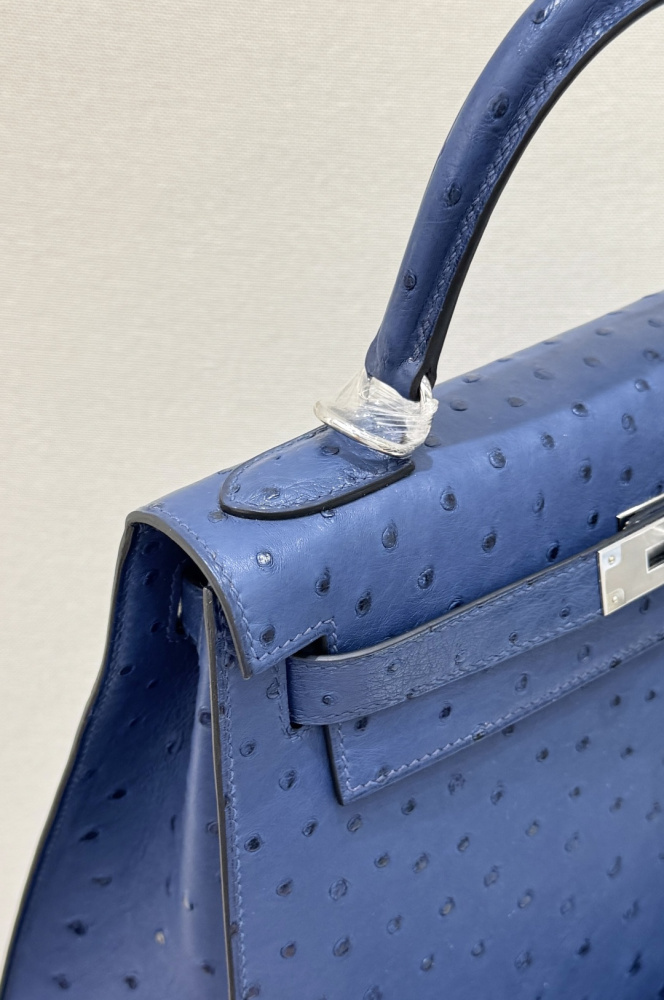 The Hermès Kelly 25 handbag in ostrich leather—featuring a fresh "Haze Blue" (also known as "Sailor Blue" or "Atlantic Blue") paired with silver hardware—stands as a quintessential example of the cool, sophisticated elegance characteristic of Hermès' exot