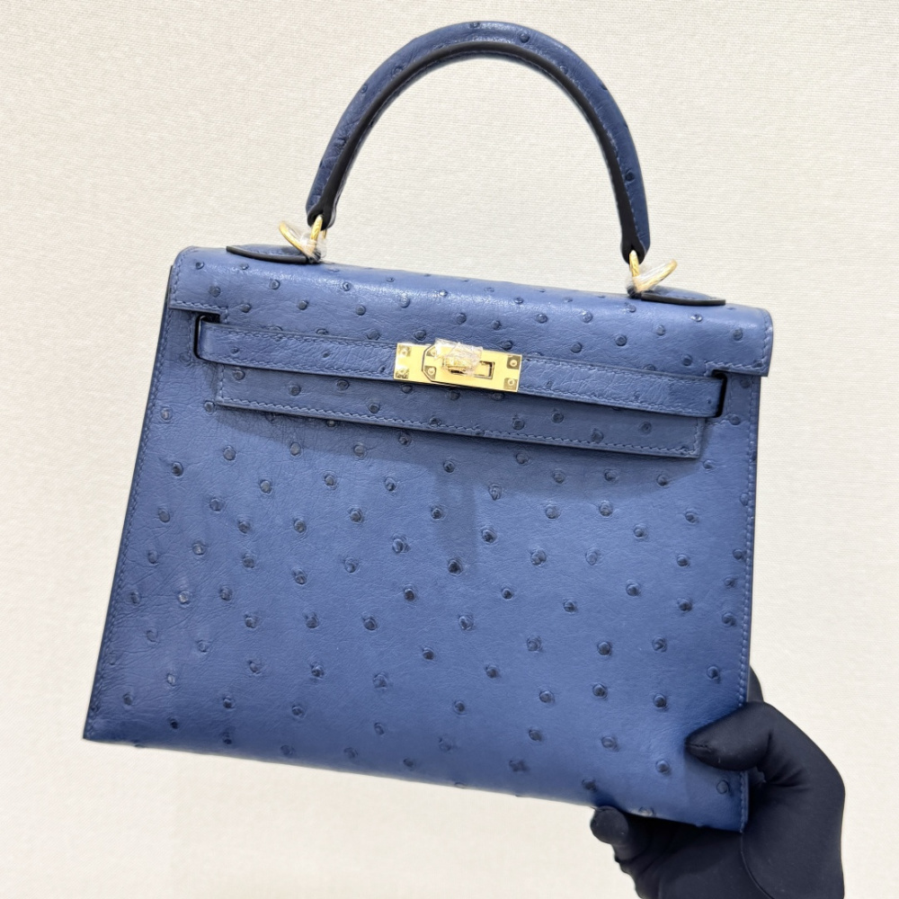 The Hermès Kelly 25 handbag in ostrich leather—featuring a fresh "Haze Blue" hue (also known as "Sailor Blue" or "Atlantic Blue") paired with gold hardware—stands as a quintessential example of Hermès' exotic skins, embodying an aesthetic that is both coo