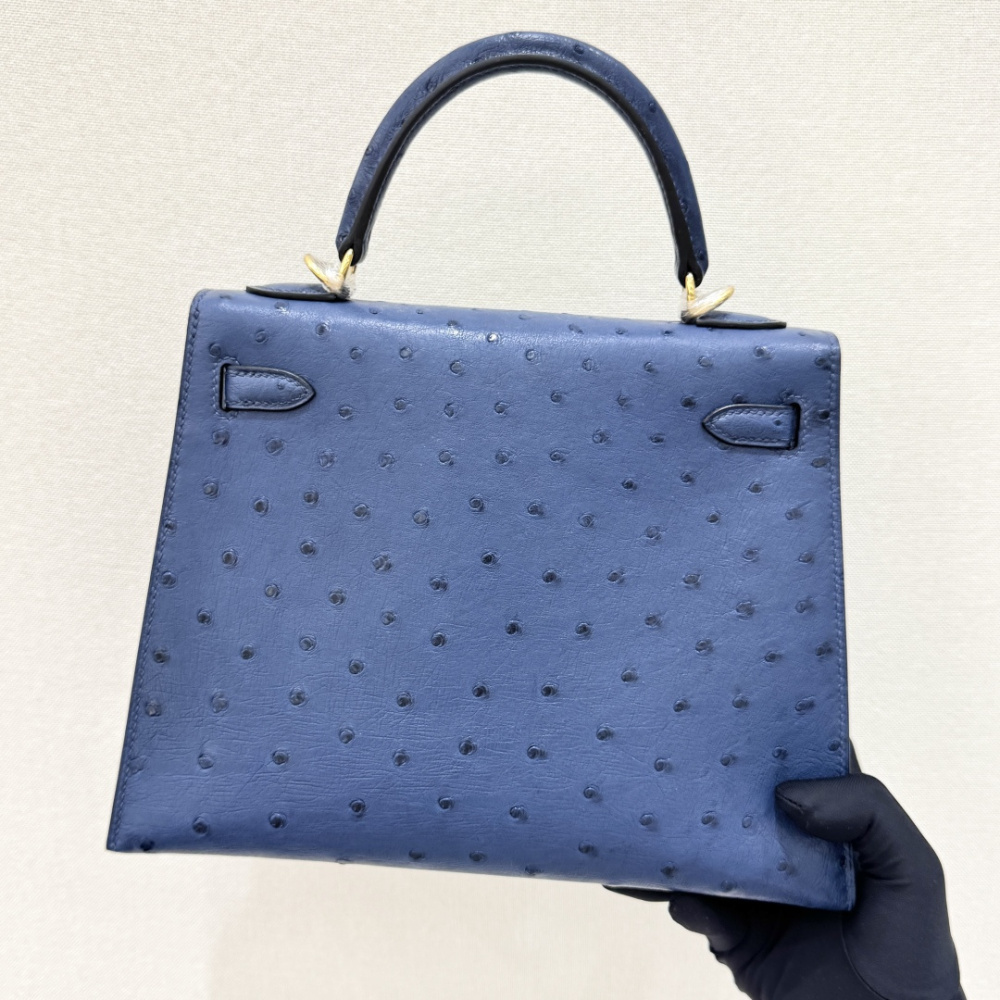 The Hermès Kelly 25 handbag in ostrich leather—featuring a fresh "Haze Blue" hue (also known as "Sailor Blue" or "Atlantic Blue") paired with gold hardware—stands as a quintessential example of Hermès' exotic skins, embodying an aesthetic that is both coo