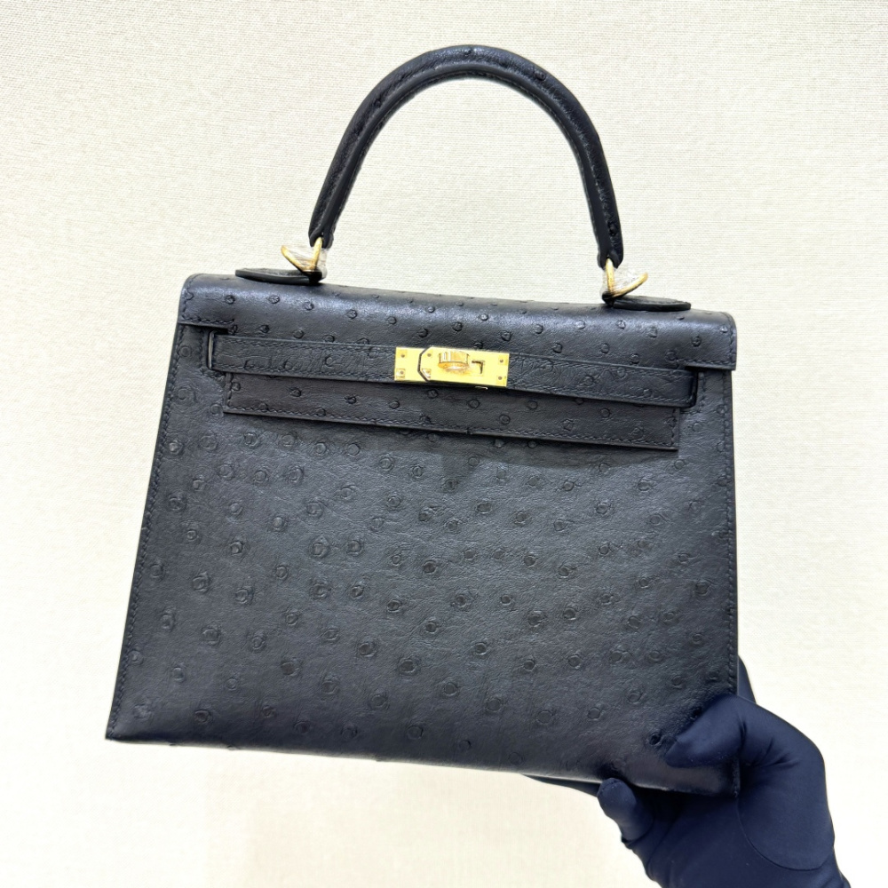 The Hermès Kelly 25 handbag in ostrich leather—featuring classic black paired with gold hardware—stands as one of the "hard currencies" among Hermès' exotic skins, offering a perfect blend of practicality and collectible value.