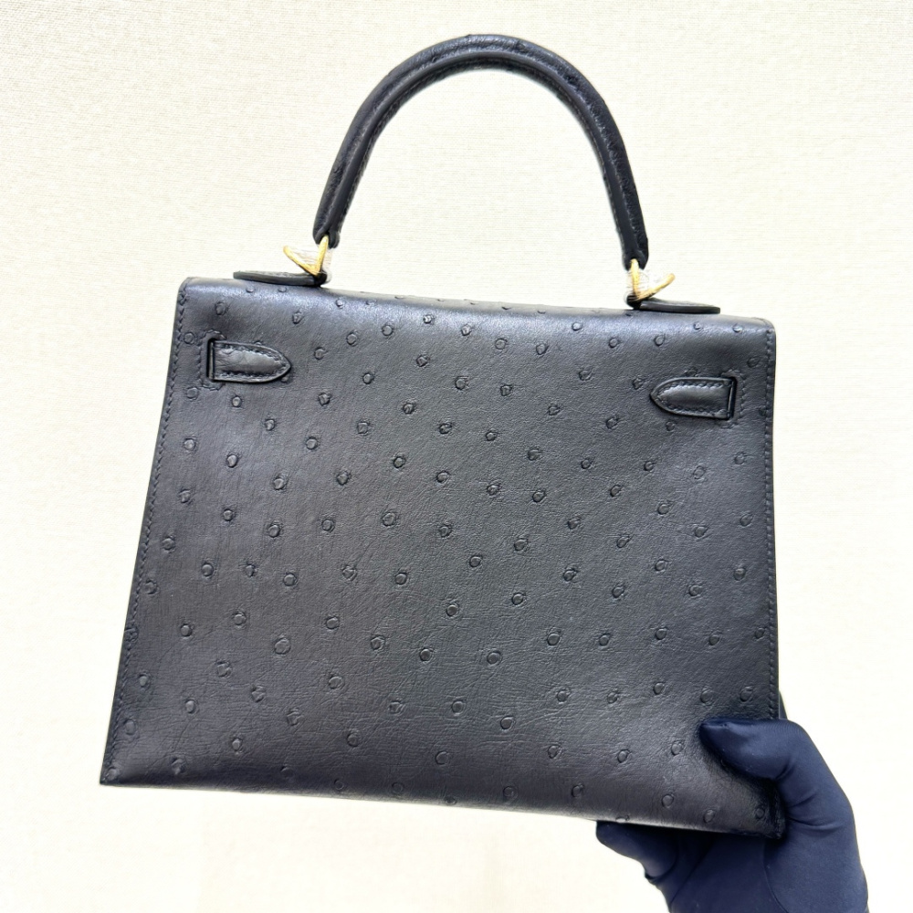 The Hermès Kelly 25 handbag in ostrich leather—featuring classic black paired with gold hardware—stands as one of the "hard currencies" among Hermès' exotic skins, offering a perfect blend of practicality and collectible value.