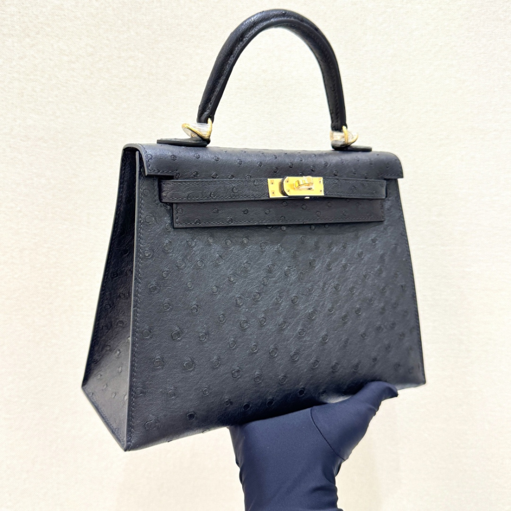 The Hermès Kelly 25 handbag in ostrich leather—featuring classic black paired with gold hardware—stands as one of the "hard currencies" among Hermès' exotic skins, offering a perfect blend of practicality and collectible value.