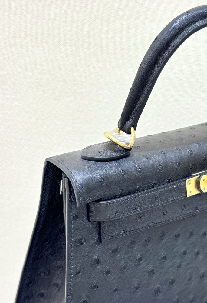 The Hermès Kelly 25 handbag in ostrich leather—featuring classic black paired with gold hardware—stands as one of the "hard currencies" among Hermès' exotic skins, offering a perfect blend of practicality and collectible value.