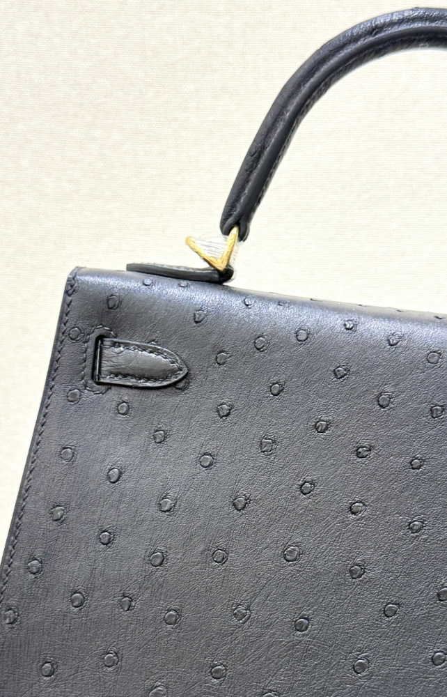 The Hermès Kelly 25 handbag in ostrich leather—featuring classic black paired with gold hardware—stands as one of the "hard currencies" among Hermès' exotic skins, offering a perfect blend of practicality and collectible value.