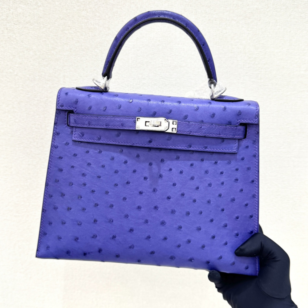 The Hermès Kelly 25 handbag in ostrich leather—featuring a striking electric purple (Iris/Lavender) hue paired with silver hardware—stands as an iconic representative among Hermès' exotic skins, distinguished by its exceptional individuality and artistic