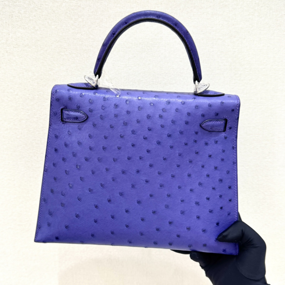 The Hermès Kelly 25 handbag in ostrich leather—featuring a striking electric purple (Iris/Lavender) hue paired with silver hardware—stands as an iconic representative among Hermès' exotic skins, distinguished by its exceptional individuality and artistic