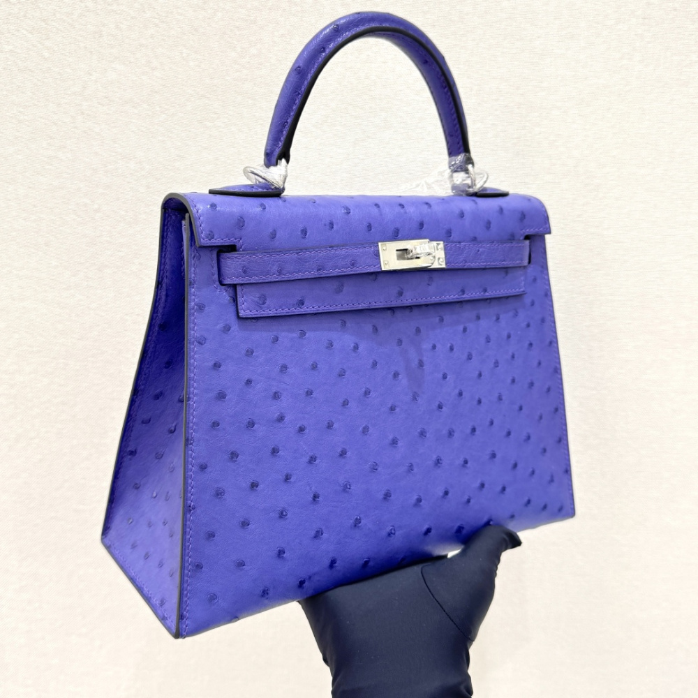 The Hermès Kelly 25 handbag in ostrich leather—featuring a striking electric purple (Iris/Lavender) hue paired with silver hardware—stands as an iconic representative among Hermès' exotic skins, distinguished by its exceptional individuality and artistic