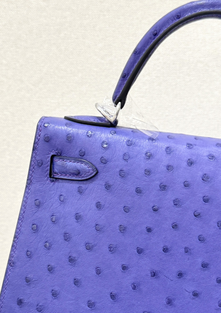 The Hermès Kelly 25 handbag in ostrich leather—featuring a striking electric purple (Iris/Lavender) hue paired with silver hardware—stands as an iconic representative among Hermès' exotic skins, distinguished by its exceptional individuality and artistic