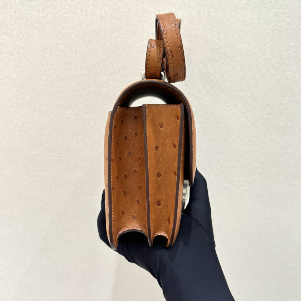 The Hermès Constance 19 handbag in ostrich leather—featuring the classic Gold (Natural/Caramel) hue paired with silver hardware—stands as a quintessential example among Hermès' exotic skins: understated yet enduringly elegant, and exuding an unmistakable