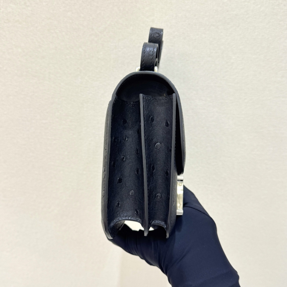 The Hermès Constance 19 handbag in ostrich leather—featuring classic black paired with silver hardware—stands as an understated yet highly recognizable icon within the brand's rare skins collection.