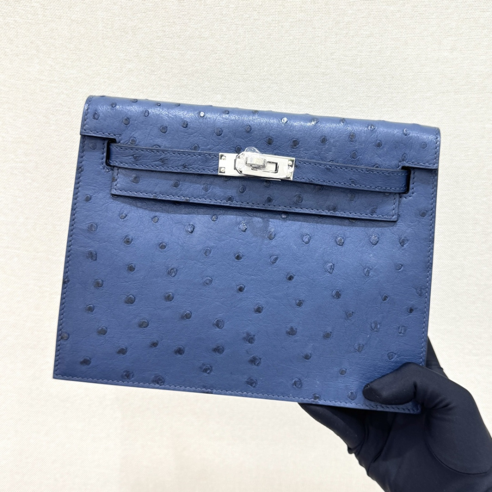 The Hermès Kelly Danse handbag in ostrich leather—rendered in a misty blue hue (variously described as Sailor Blue or Atlantic Blue) and accented with silver hardware—stands as an iconic exemplar of cool, sophisticated elegance within the brand's rare lea