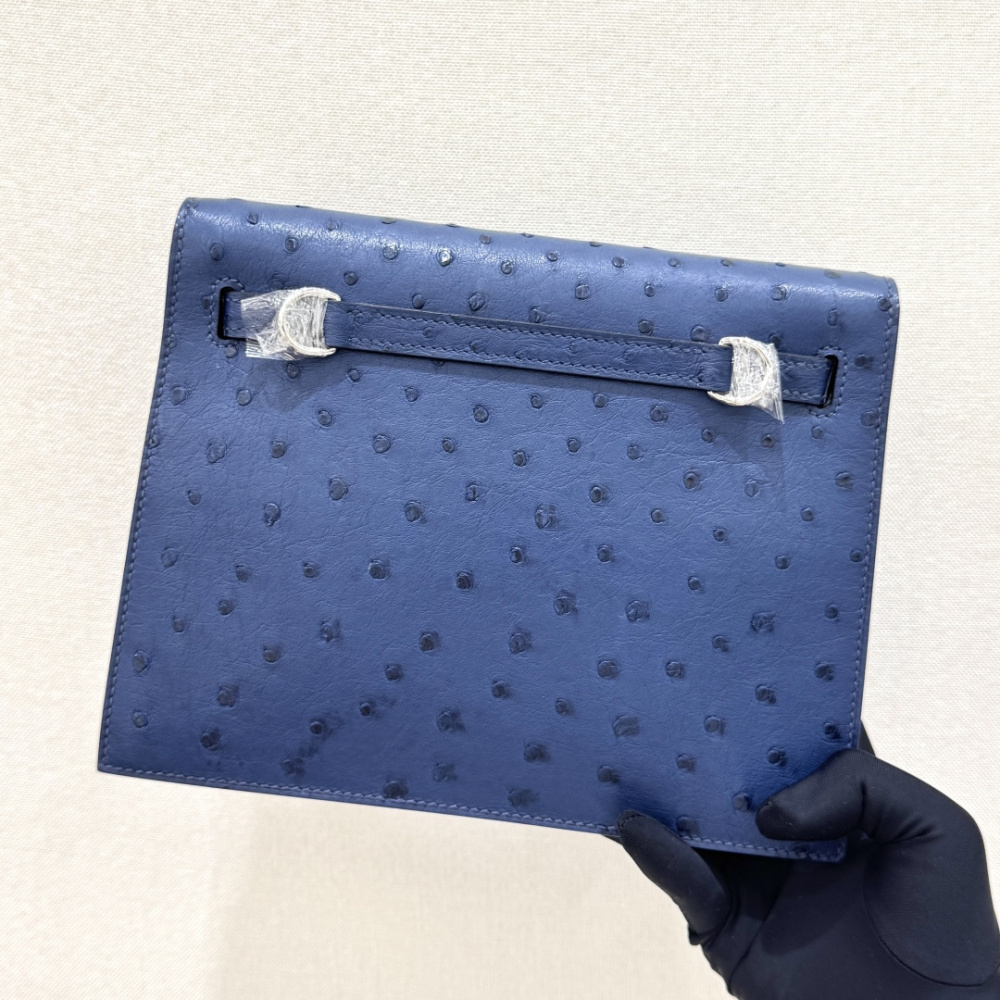 The Hermès Kelly Danse handbag in ostrich leather—rendered in a misty blue hue (variously described as Sailor Blue or Atlantic Blue) and accented with silver hardware—stands as an iconic exemplar of cool, sophisticated elegance within the brand's rare lea