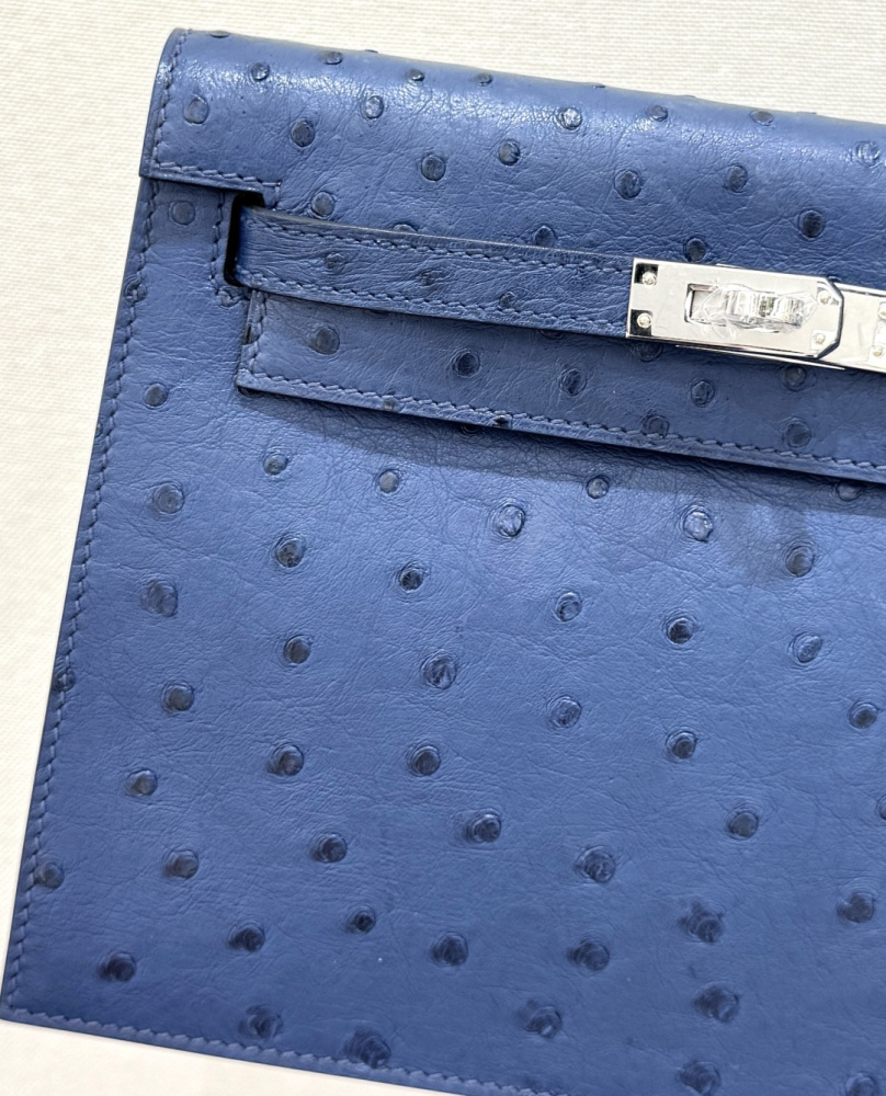 The Hermès Kelly Danse handbag in ostrich leather—rendered in a misty blue hue (variously described as Sailor Blue or Atlantic Blue) and accented with silver hardware—stands as an iconic exemplar of cool, sophisticated elegance within the brand's rare lea