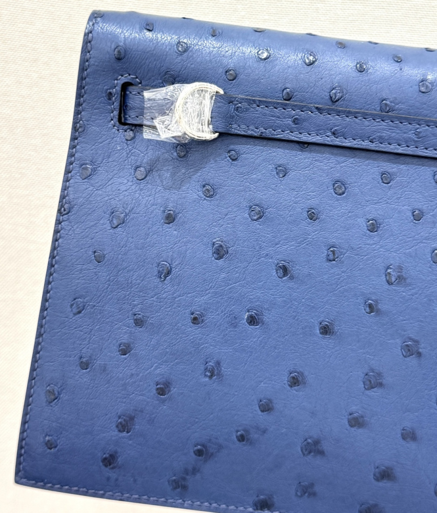 The Hermès Kelly Danse handbag in ostrich leather—rendered in a misty blue hue (variously described as Sailor Blue or Atlantic Blue) and accented with silver hardware—stands as an iconic exemplar of cool, sophisticated elegance within the brand's rare lea