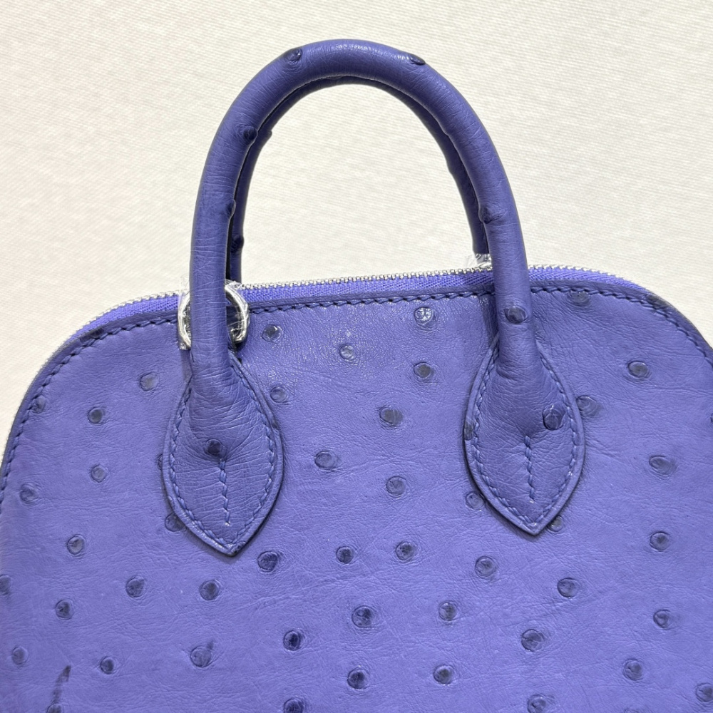 The Hermès Mini Bolide handbag in ostrich leather—featuring a striking Iris (Electric Purple) hue paired with silver hardware—stands as a highly distinctive, niche piece within Hermès' rare leather collection.