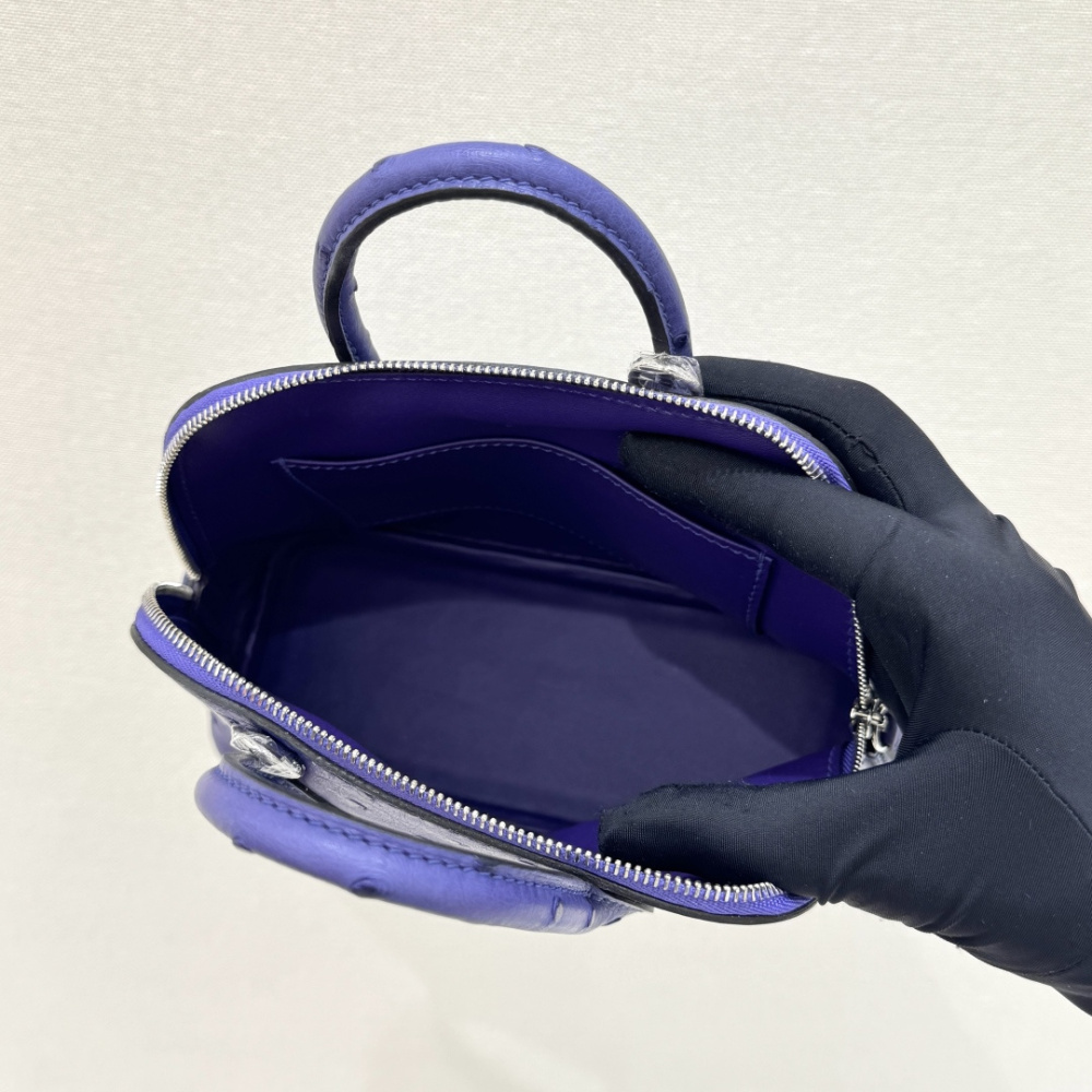 The Hermès Mini Bolide handbag in ostrich leather—featuring a striking Iris (Electric Purple) hue paired with silver hardware—stands as a highly distinctive, niche piece within Hermès' rare leather collection.