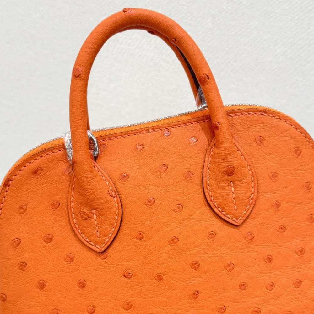 The Hermès Mini Bolide handbag in ostrich leather—featuring the classic Hermès Orange paired with silver hardware—is a highly recognizable and vibrant piece within the brand's exotic skins collection.
