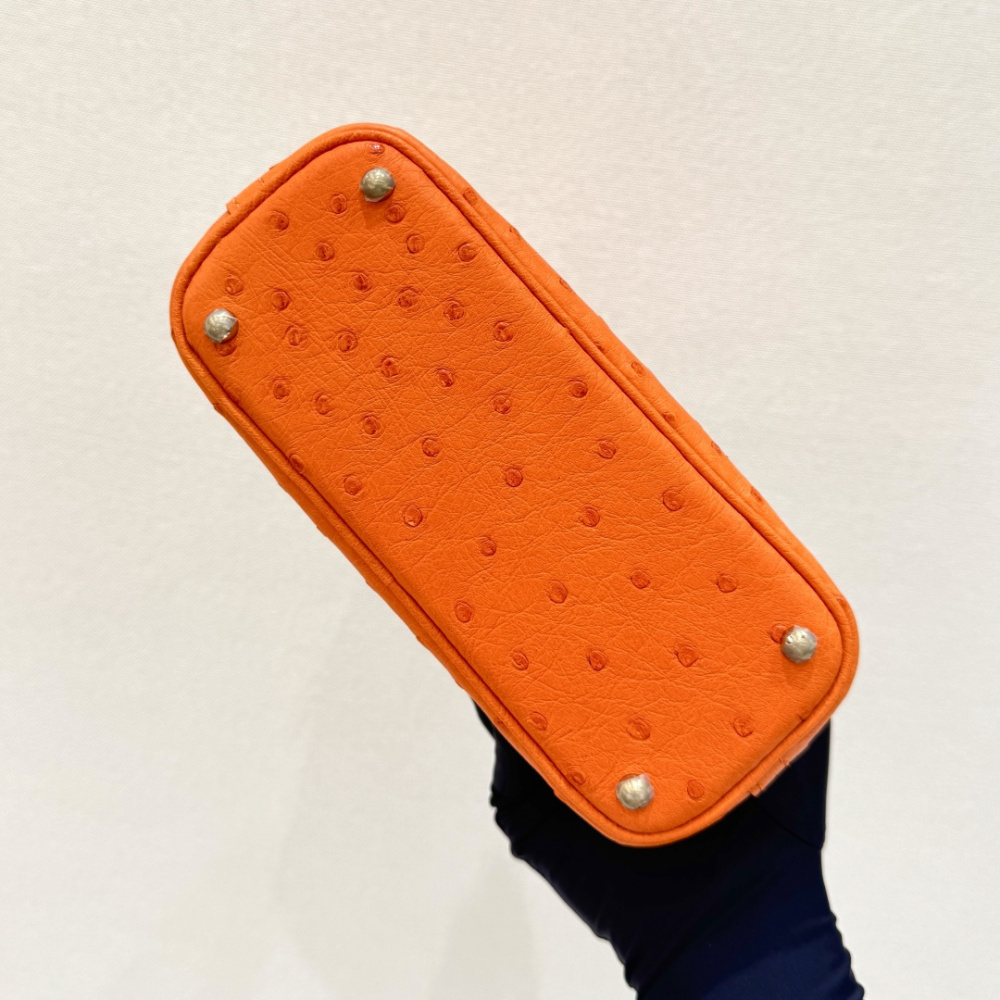 The Hermès Mini Bolide handbag in ostrich leather—featuring the classic Hermès Orange paired with silver hardware—is a highly recognizable and vibrant piece within the brand's exotic skins collection.