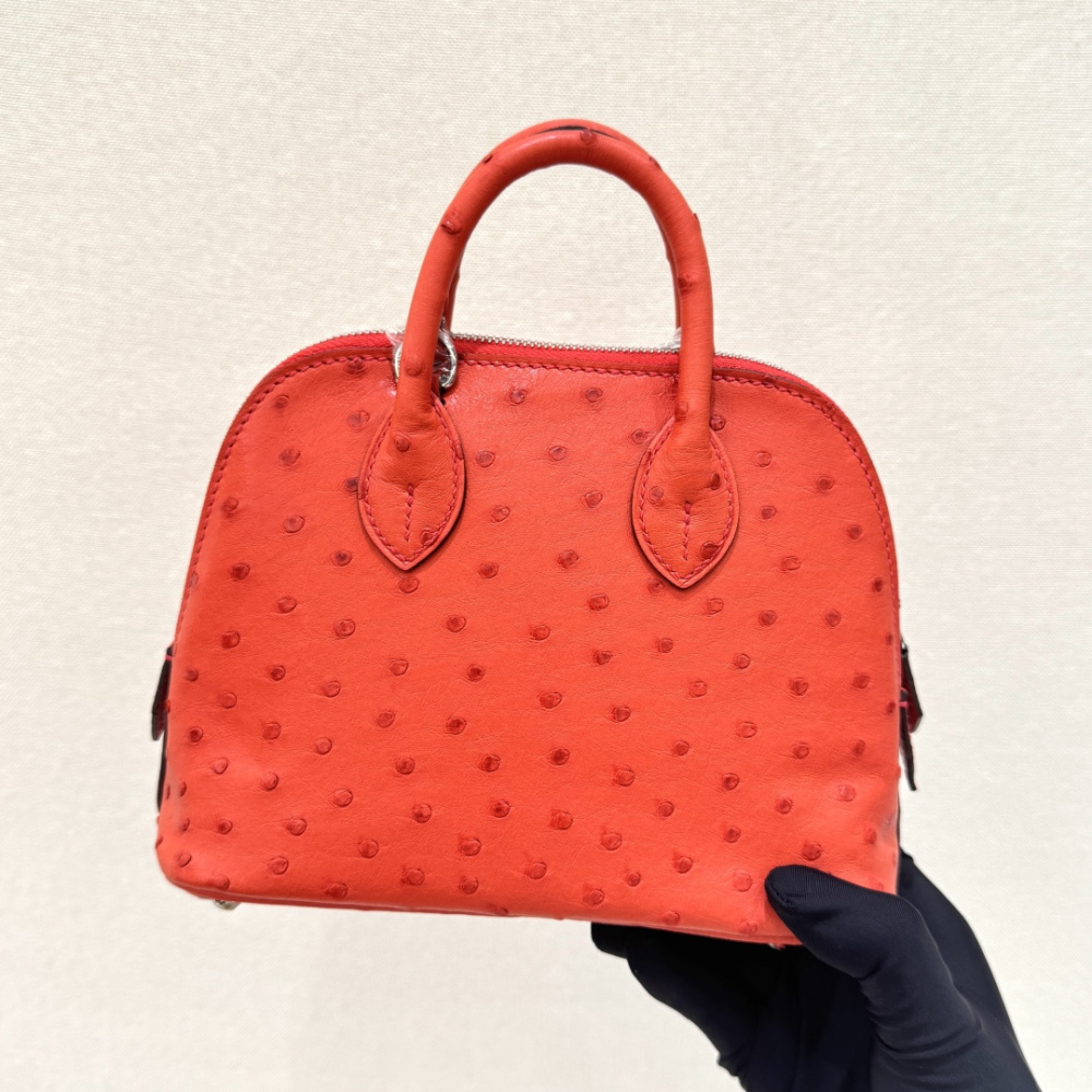 The Hermès Mini Bolide handbag in ostrich leather—featuring a striking Tomato Red (orange-red) hue paired with silver hardware—is a vibrant and highly sought-after piece within the brand's rare skins collection.