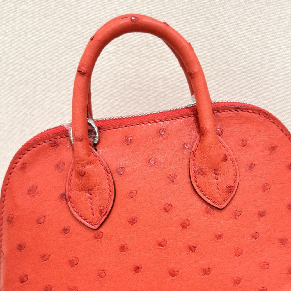 The Hermès Mini Bolide handbag in ostrich leather—featuring a striking Tomato Red (orange-red) hue paired with silver hardware—is a vibrant and highly sought-after piece within the brand's rare skins collection.