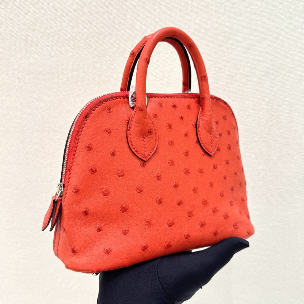 The Hermès Mini Bolide handbag in ostrich leather—featuring a striking Tomato Red (orange-red) hue paired with silver hardware—is a vibrant and highly sought-after piece within the brand's rare skins collection.