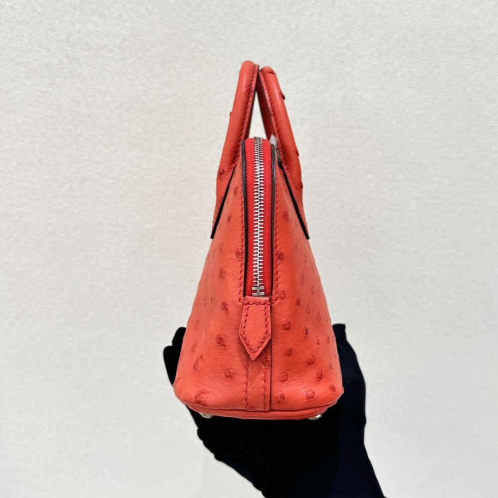 The Hermès Mini Bolide handbag in ostrich leather—featuring a striking Tomato Red (orange-red) hue paired with silver hardware—is a vibrant and highly sought-after piece within the brand's rare skins collection.