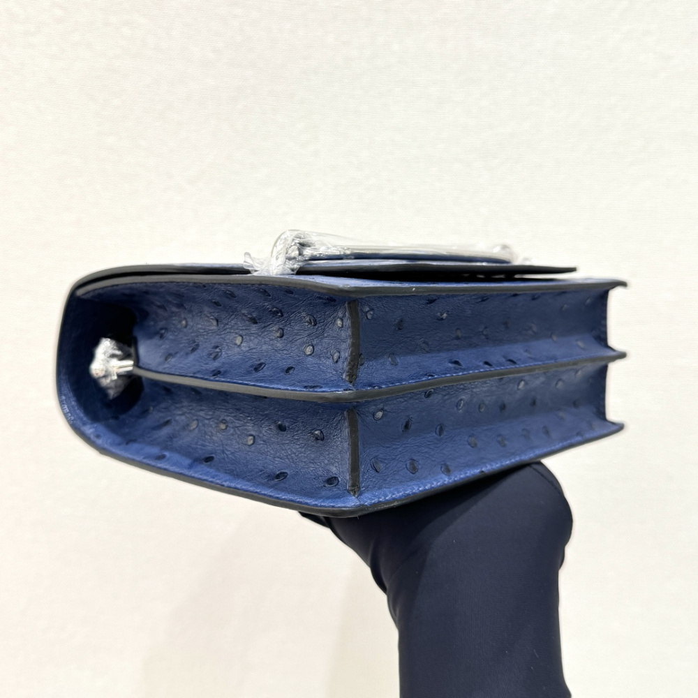The Hermès Roulis 19 (the "Pig-Nose" bag) in Ostrich leather—featuring a sophisticated Haze Blue (or Sailor Blue) hue paired with silver hardware—stands as a quintessential example of understated luxury within Hermès' rare leather collection.
