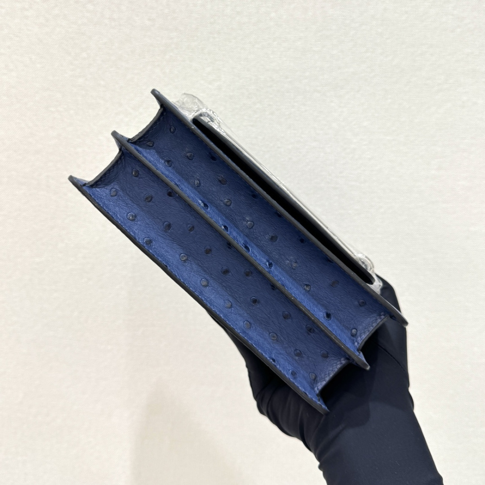 The Hermès Roulis 19 (the "Pig-Nose" bag) in Ostrich leather—featuring a sophisticated Haze Blue (or Sailor Blue) hue paired with silver hardware—stands as a quintessential example of understated luxury within Hermès' rare leather collection.