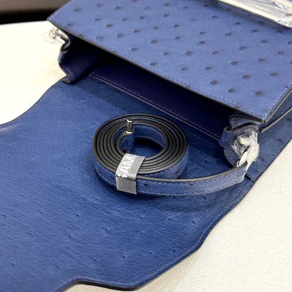 The Hermès Roulis 19 (the "Pig-Nose" bag) in Ostrich leather—featuring a sophisticated Haze Blue (or Sailor Blue) hue paired with silver hardware—stands as a quintessential example of understated luxury within Hermès' rare leather collection.