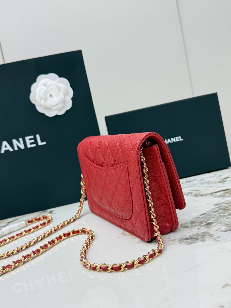 Chanel Wallet on Chain (WOC) crafted in bright red caviar leather with gold-tone hardware.