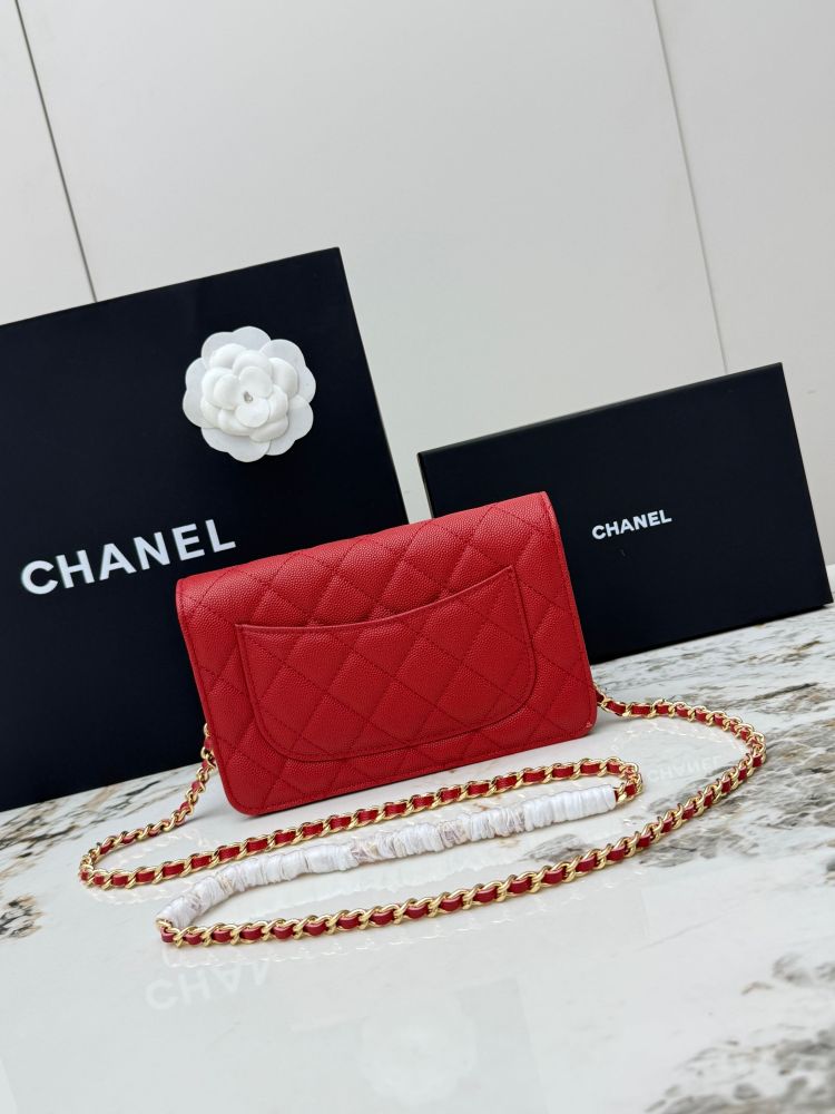 Chanel Wallet on Chain (WOC) crafted in bright red caviar leather with gold-tone hardware.