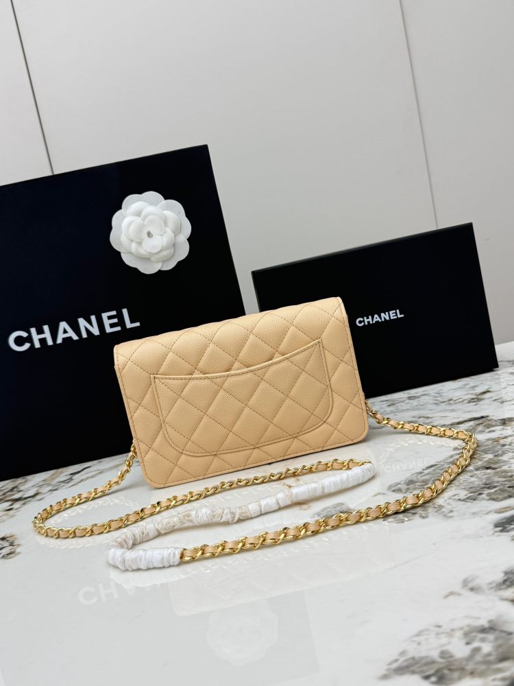Chanel Wallet on Chain (WOC) crafted in beige caviar leather with gold-tone hardware.