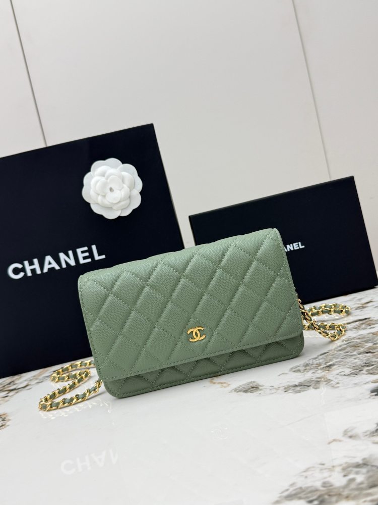 Chanel Wallet on Chain (WOC) crafted in matcha green caviar leather with gold-tone hardware.