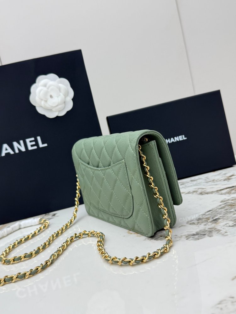 Chanel Wallet on Chain (WOC) crafted in matcha green caviar leather with gold-tone hardware.