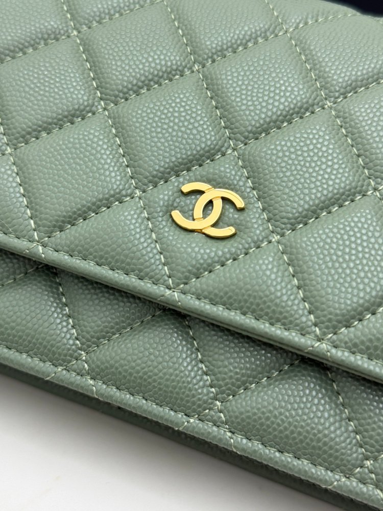 Chanel Wallet on Chain (WOC) crafted in matcha green caviar leather with gold-tone hardware.
