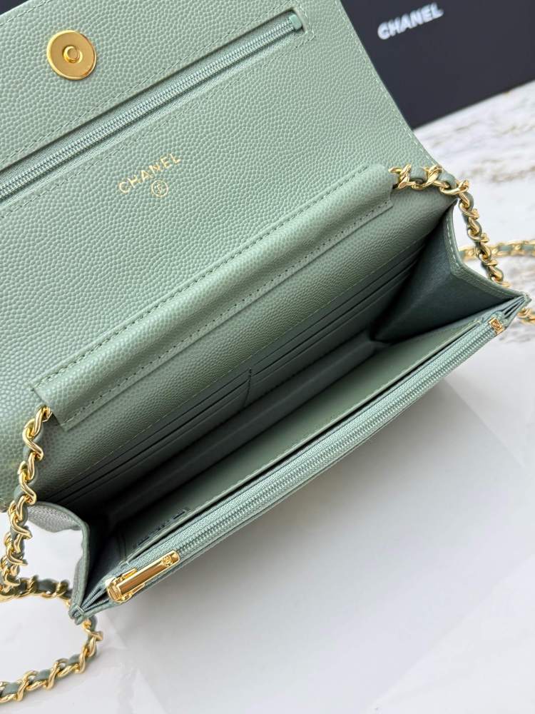 Chanel Wallet on Chain (WOC) crafted in matcha green caviar leather with gold-tone hardware.