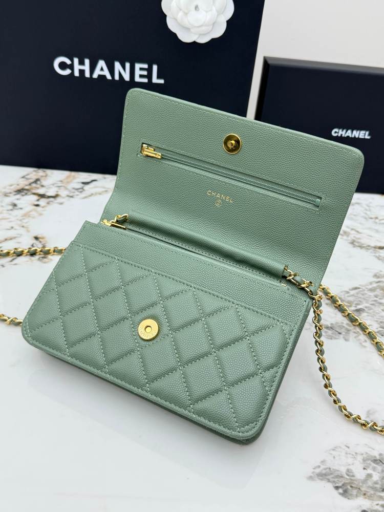 Chanel Wallet on Chain (WOC) crafted in matcha green caviar leather with gold-tone hardware.
