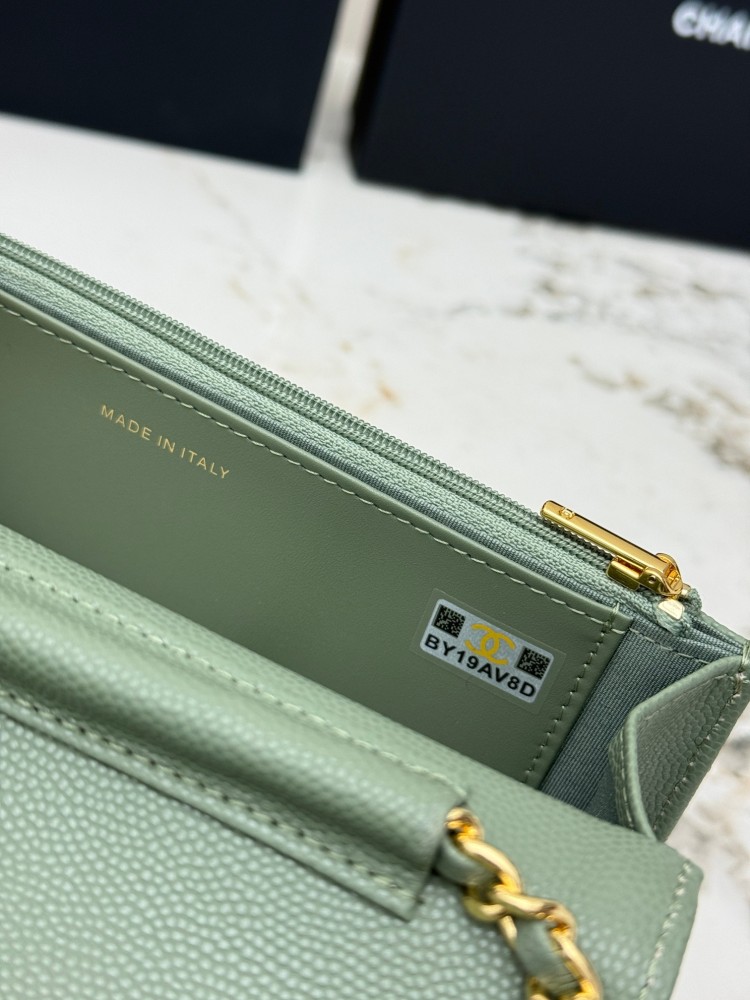 Chanel Wallet on Chain (WOC) crafted in matcha green caviar leather with gold-tone hardware.