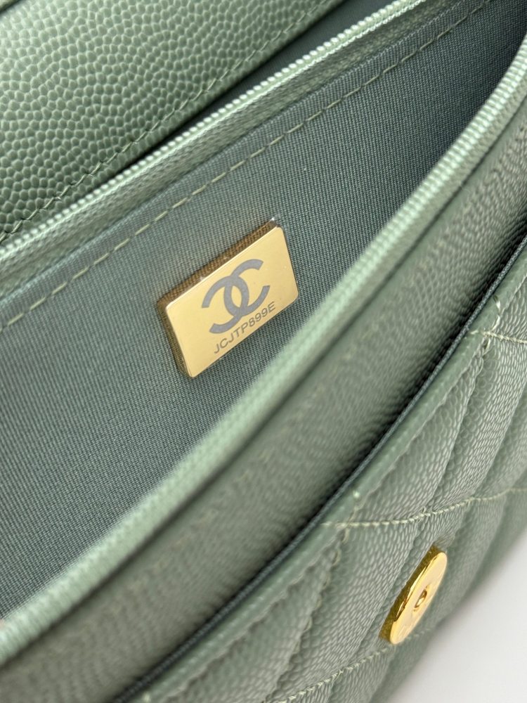Chanel Wallet on Chain (WOC) crafted in matcha green caviar leather with gold-tone hardware.