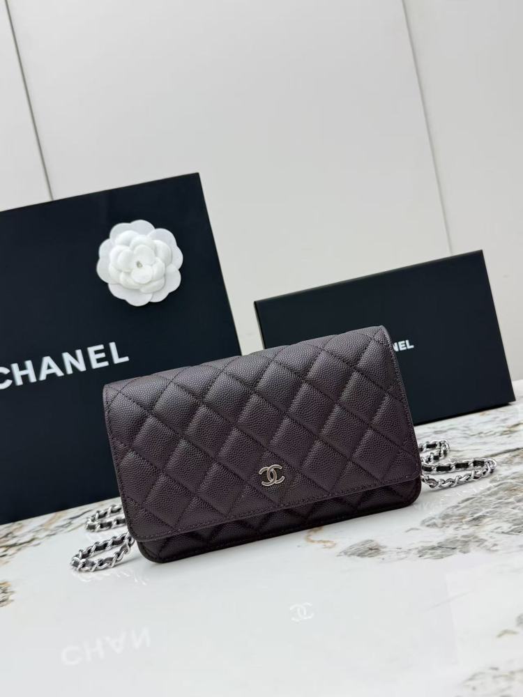 Chanel Wallet on Chain (WOC) crafted in dark brown caviar leather with silver-tone hardware