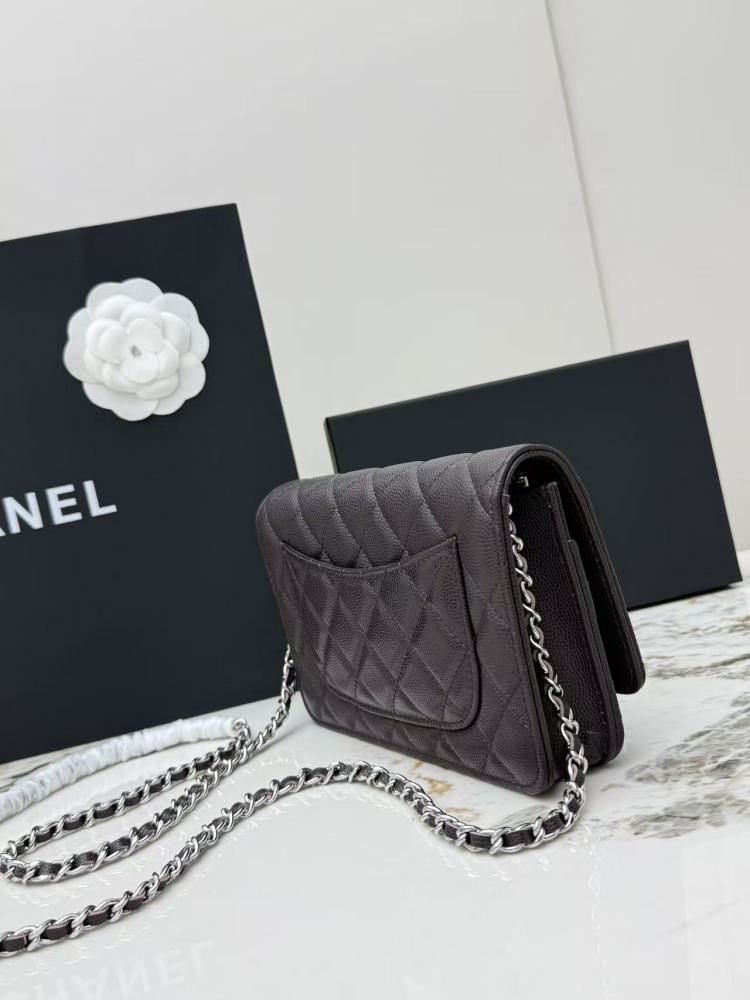 Chanel Wallet on Chain (WOC) crafted in dark brown caviar leather with silver-tone hardware