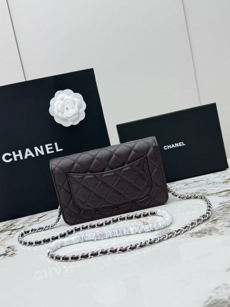 Chanel Wallet on Chain (WOC) crafted in dark brown caviar leather with silver-tone hardware
