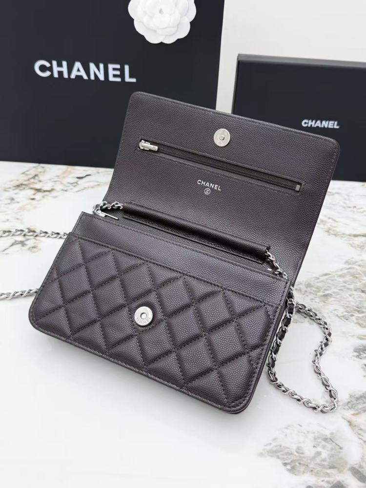 Chanel Wallet on Chain (WOC) crafted in dark brown caviar leather with silver-tone hardware