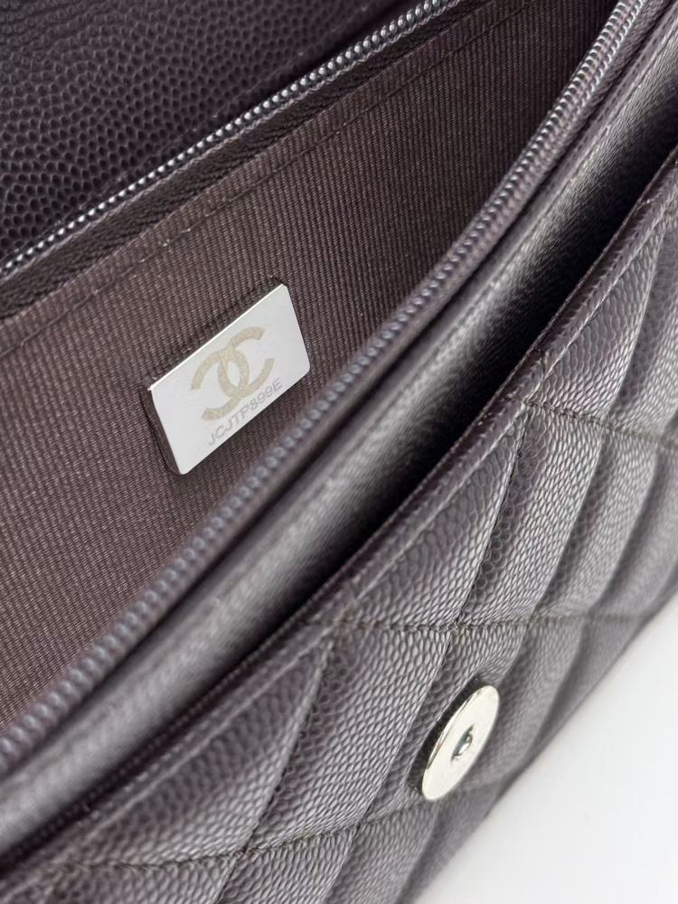 Chanel Wallet on Chain (WOC) crafted in dark brown caviar leather with silver-tone hardware