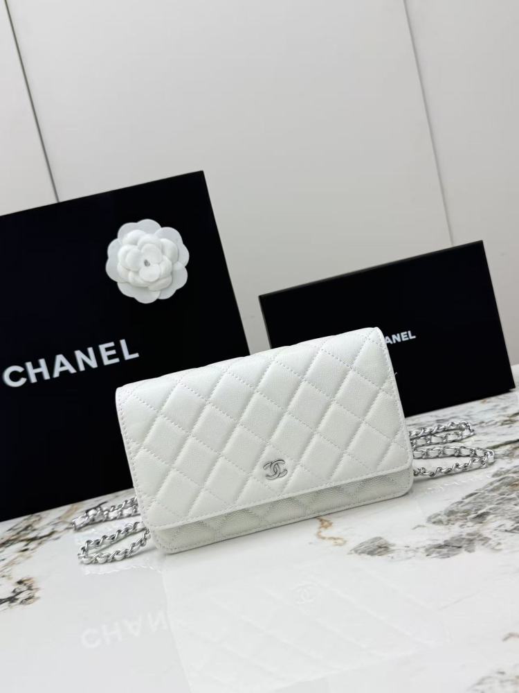 Chanel Wallet on Chain (WOC) crafted in white caviar leather with silver-tone hardware.