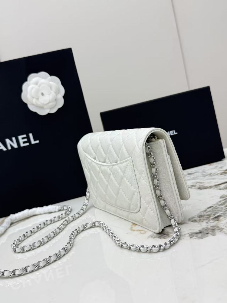 Chanel Wallet on Chain (WOC) crafted in white caviar leather with silver-tone hardware.