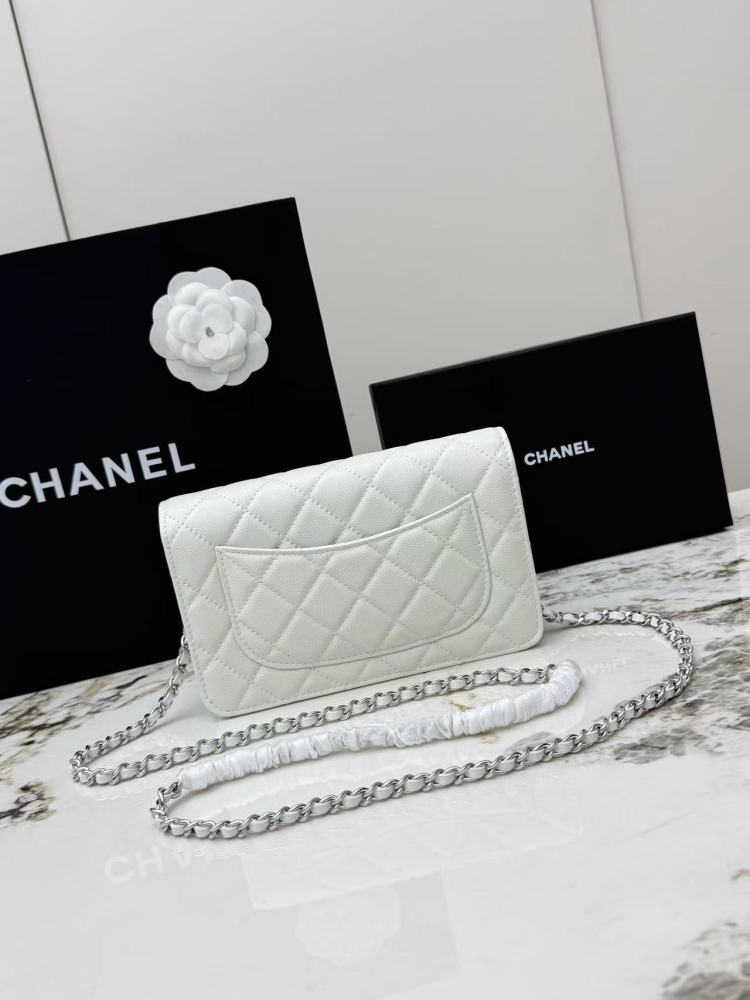 Chanel Wallet on Chain (WOC) crafted in white caviar leather with silver-tone hardware.