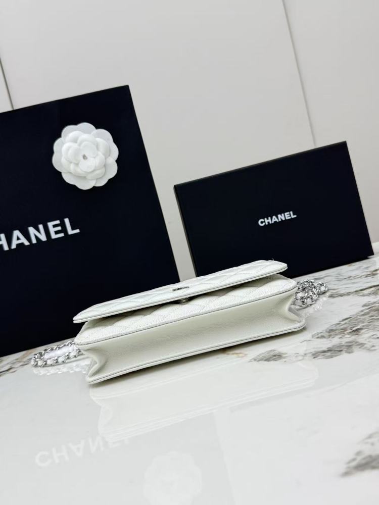 Chanel Wallet on Chain (WOC) crafted in white caviar leather with silver-tone hardware.