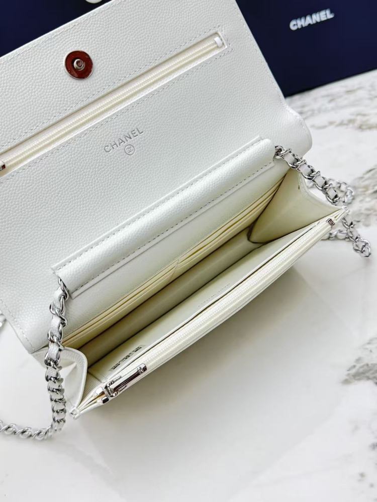 Chanel Wallet on Chain (WOC) crafted in white caviar leather with silver-tone hardware.